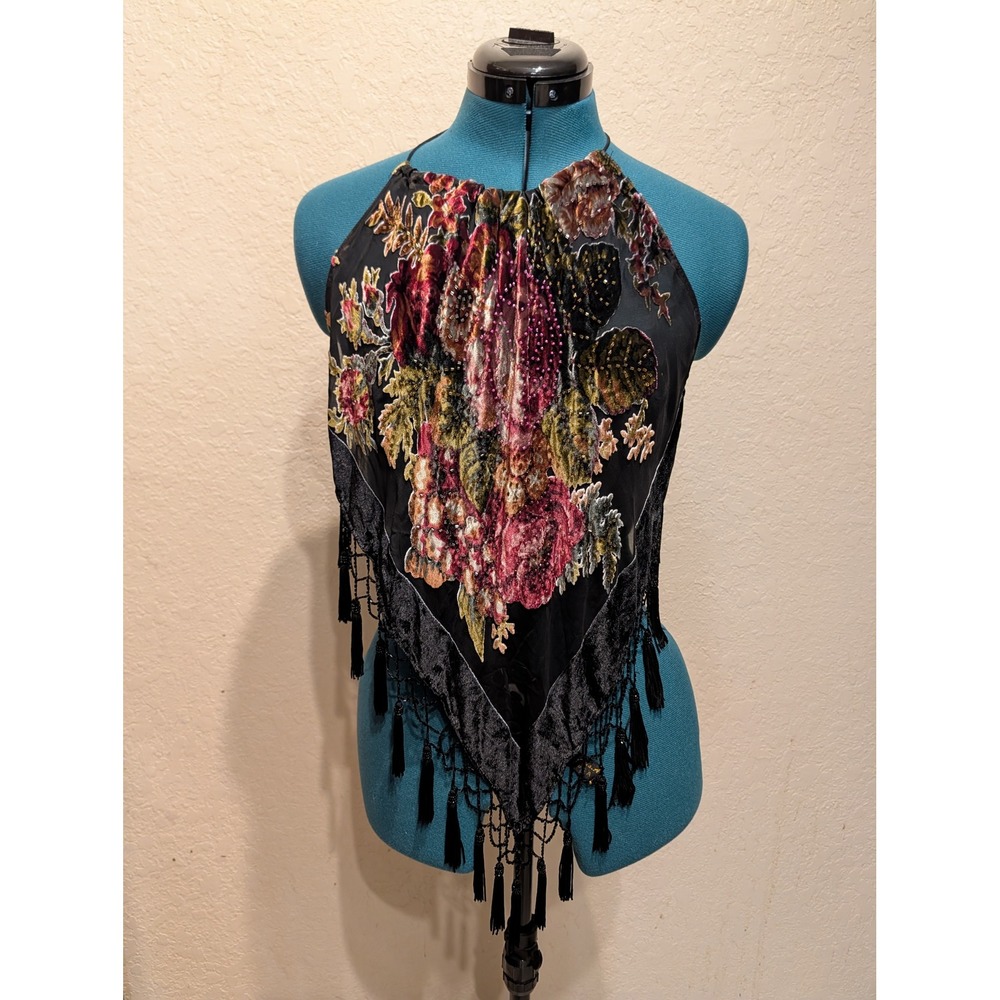 Aris A USA Floral Velvet Burnout Beaded Fringe Tassel Halter Handkerchief Top